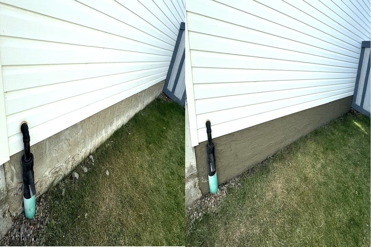 Before and after parging repair on a house foundation in Edmonton by J and J Coatings