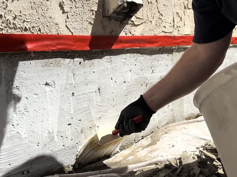 Applying a bonding agent to a concrete foundation before parging for improved adhesion.